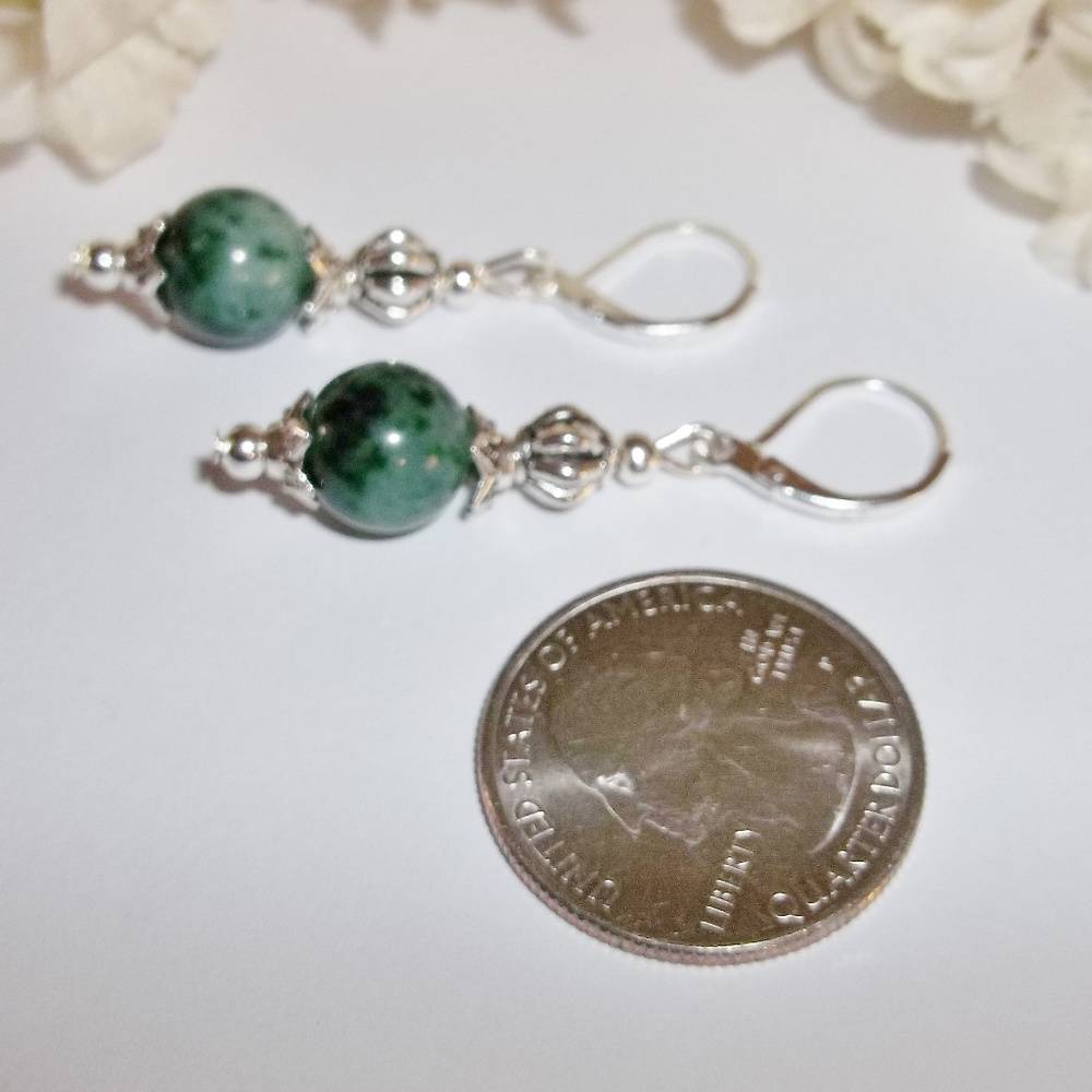 Green & Silver Beaded Earrings Pair Handmade 4838 - Picture 5 of 8